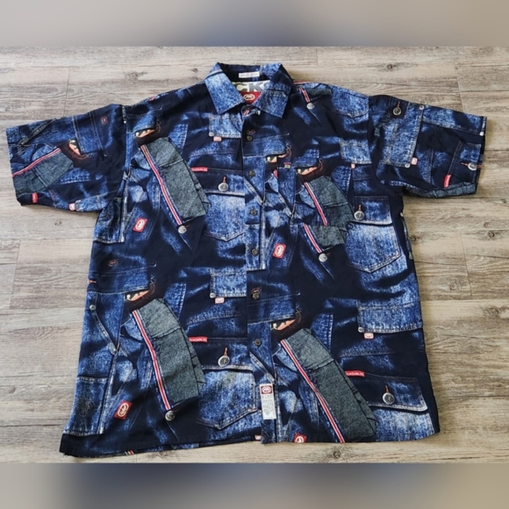 Vintage Ecko Utld RARE‎ Patchwork denim polyester button down Shirt Mens XL